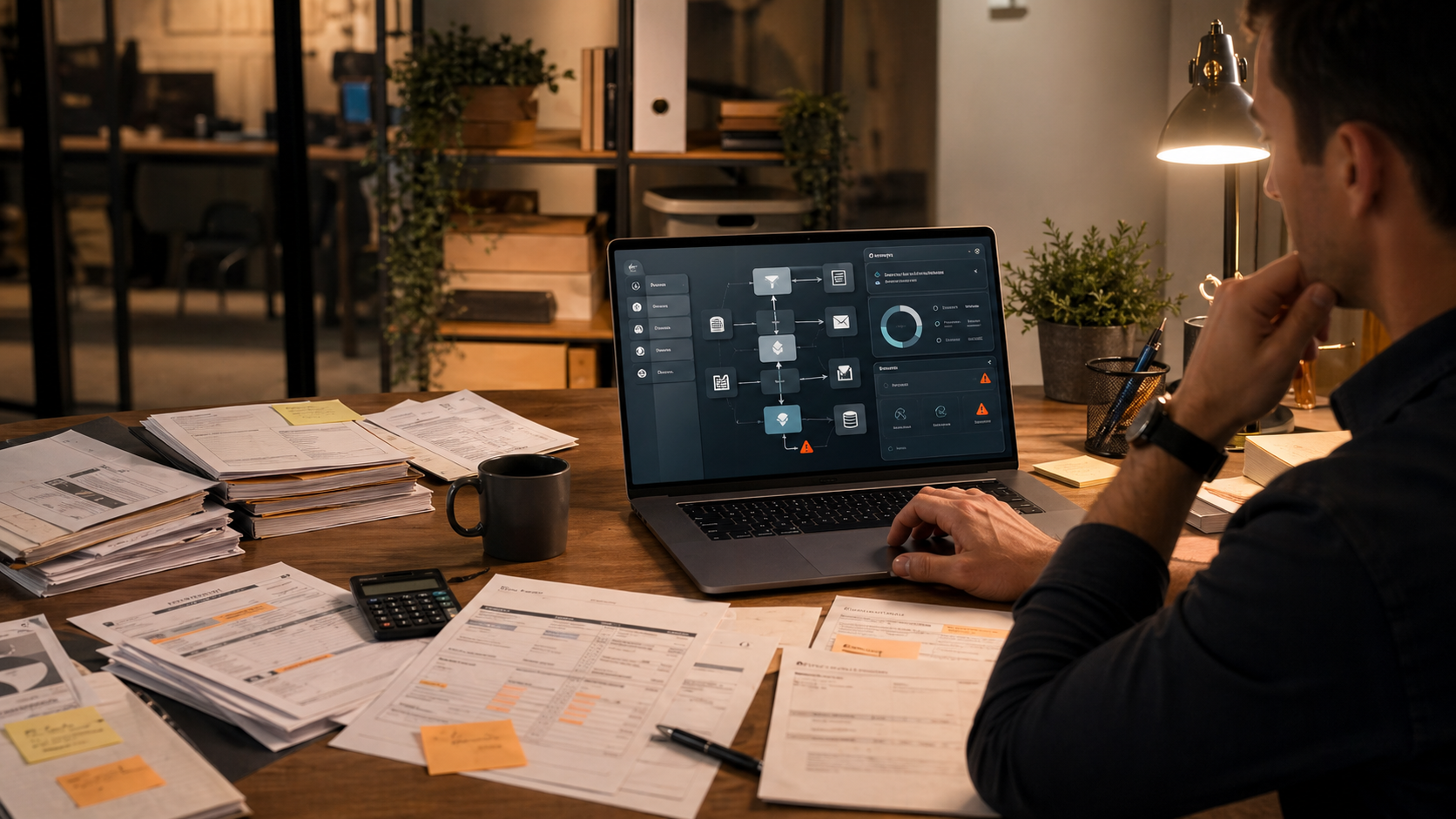Proceso manual con documentos y flujo automatizado en pantalla